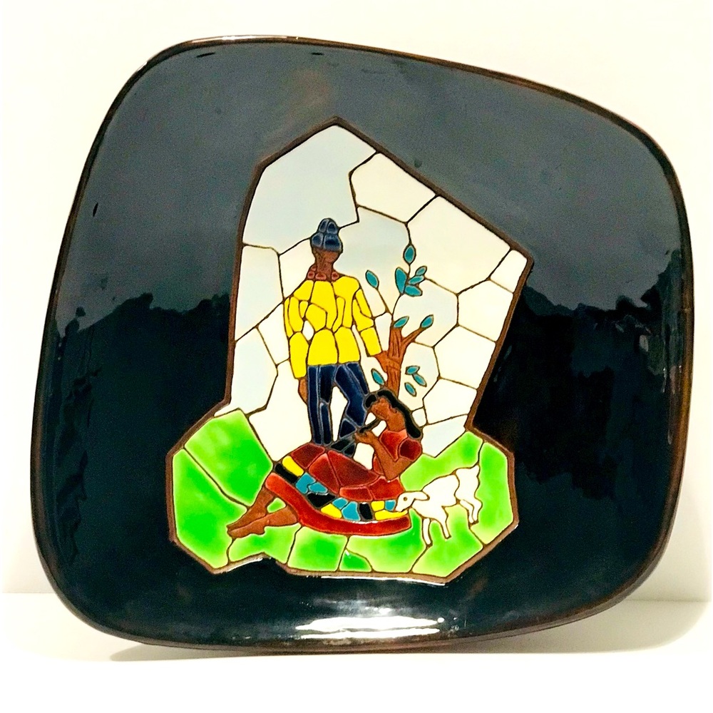 Vtg Keramos Israel Hand Painted Studio Art Pottery Enamelled Mosaic Wall Plate